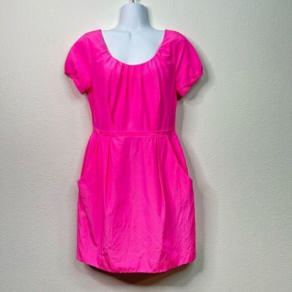 J Crew Silk Pink Barbiecore Babydoll Sheath Puff Sleeve Mini Dress Size 8 - Picture 1 of 16